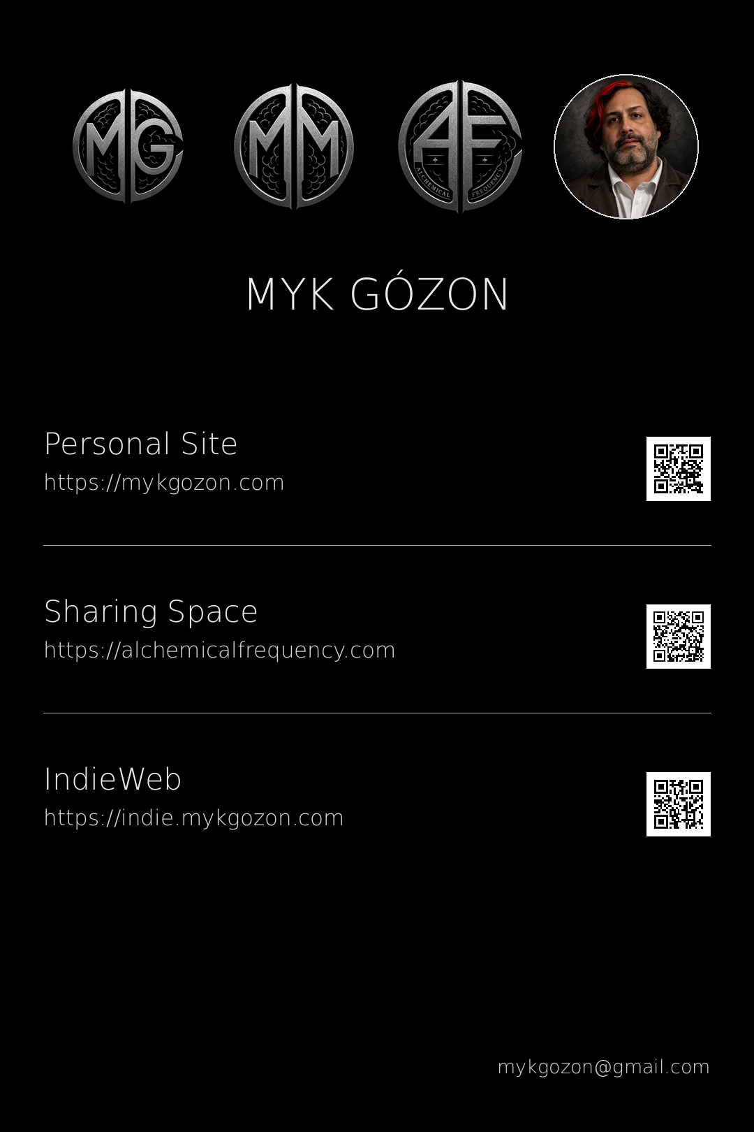 Myk Gózon card with links and QR codes for Personal Site, Sharing Space, and IndieWeb