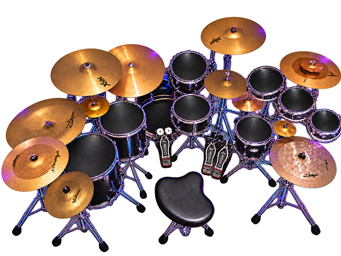 Drum set with gold cymbals and black drums